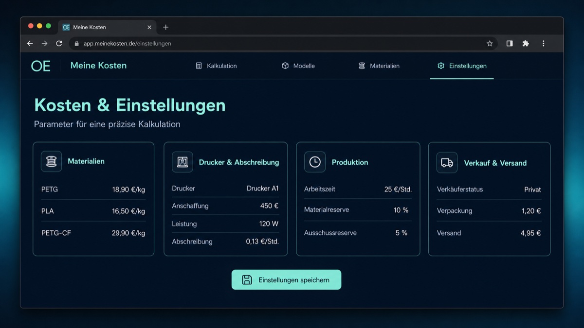 Einstellungen für Material-, Produktions- und Versandkosten